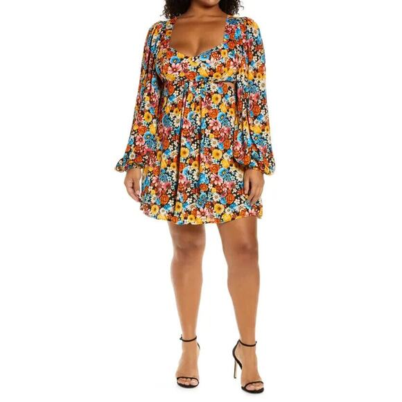 AFRM NEW $128 Ares Long Sleeve Cutout Minidress Multi Wildflower Bouquet 3X - Picture 1 of 4